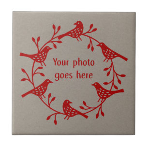 Modern Scandinavian Bird and Rosehip Wreath Photo Tile