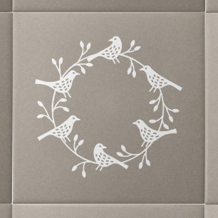 Modern Scandinavian Bird and Rosehip Wreath Tile