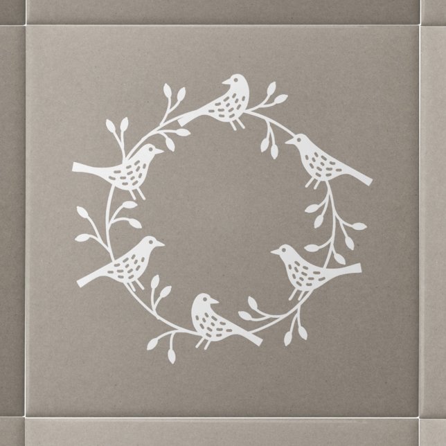 Modern Scandinavian Bird and Rosehip Wreath Tile (White Scandinavian bird wreath ceramic tile)