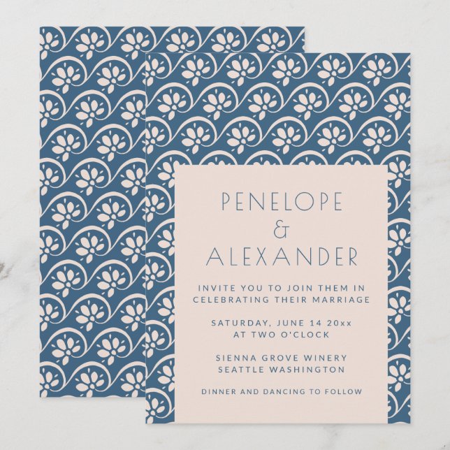 Modern Scandinavian Blue Floral Wedding Invitation (Front/Back)