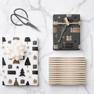 Modern Scandinavian Christmas Patterns Gold Black Wrapping Paper Sheet