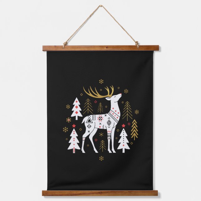  Modern Scandinavian Folk Art Christmas Reindeer  Hanging Tapestry (Front)