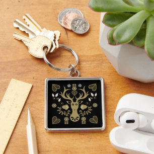 Modern Scandinavian Folk Art Deer Keychain
