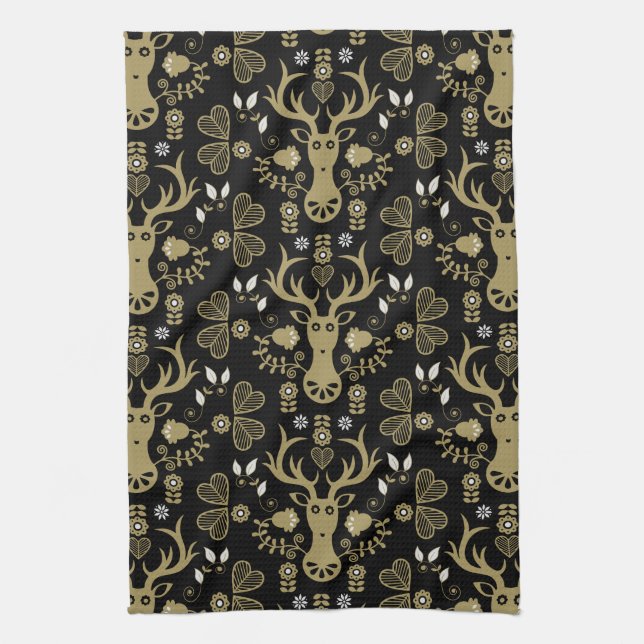 Modern Scandinavian Folk Art Deer Kitchen Towel (Vertical)