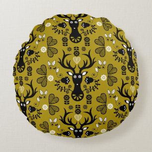 Modern Scandinavian Folk Art Deer Round Pillow