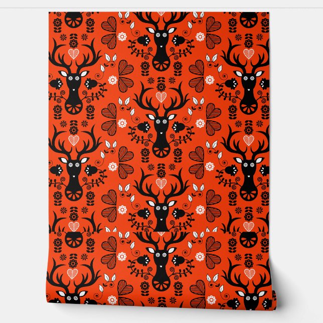 Modern Scandinavian Folk Art Deer Wallpaper (Unrolling)