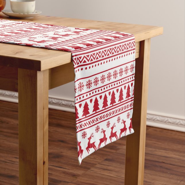 Modern Scandinavian Red & White Pattern Christmas Short Table Runner (In Situ)