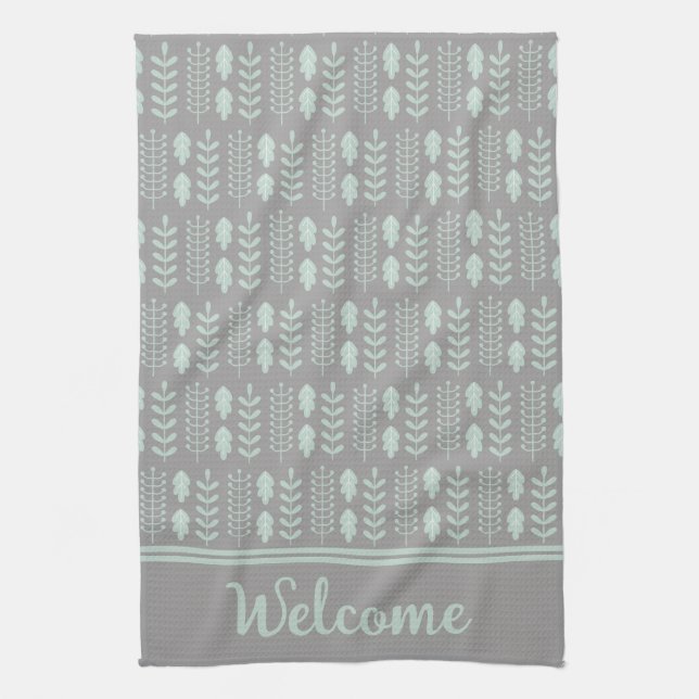 Modern Scandinavian Sage Green Leaves on Grey Kitchen Towel (Vertical)