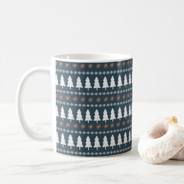 Modern Scandinavian Winter Christmas Tree Pattern Coffee Mug (With Donut)