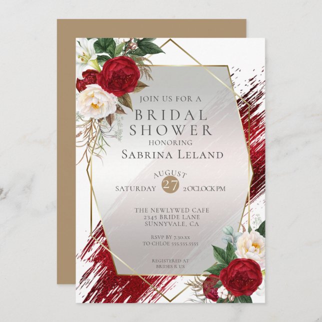 Modern Scarlet Peonies and Bold Paint Stroke Invitation (Front/Back)