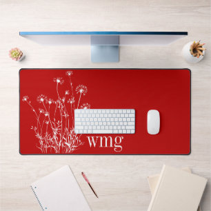 Modern Scarlet Red & White Wildflowers Monogram Desk Mat