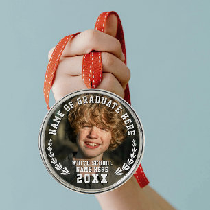 Modern School Grad Wreath Photo Medal Bold Typo Metal Ornament