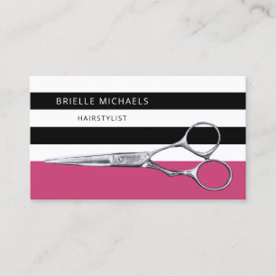 Modern Scissors Pink and Black Stripes Hair Salon Business Card