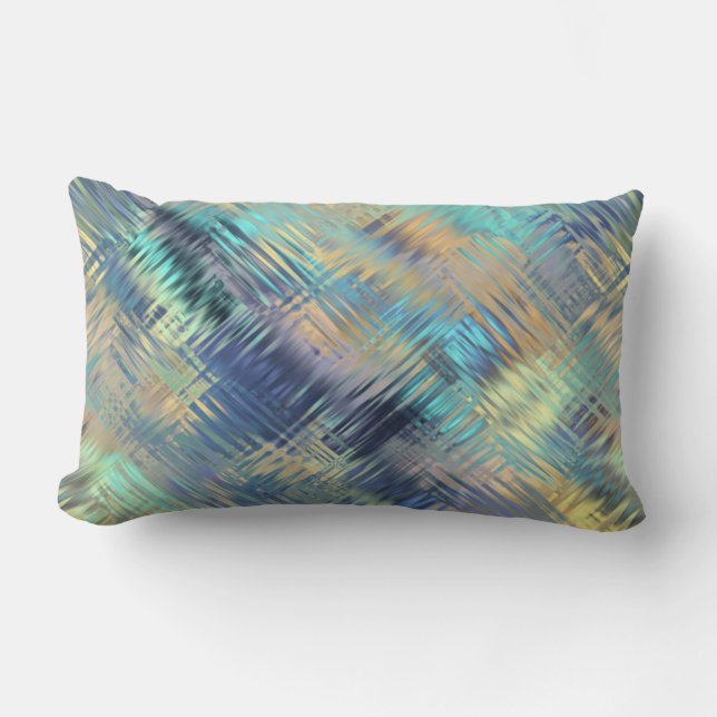 Modern Scribbled Plaid in Peacock Colours Lumbar Pillow (Front)