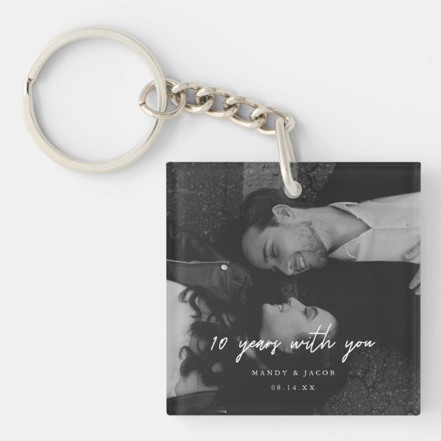 Modern Script 10-Year Anniversary Wedding Photo Keychain (Front)