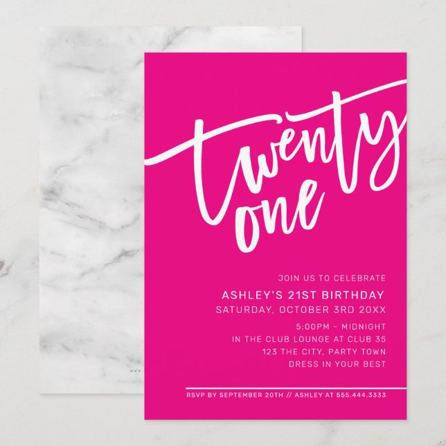 MODERN SCRIPT 21st birthday party hot pink white Invitation (Front/Back)