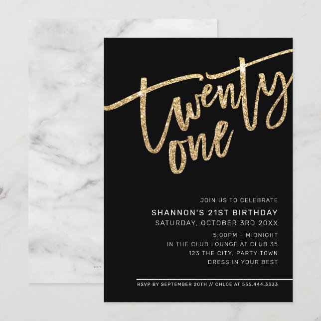 MODERN SCRIPT 21st party gold glitter black Invitation (Front/Back)