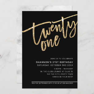 MODERN SCRIPT 21st party gold glitter black Invitation