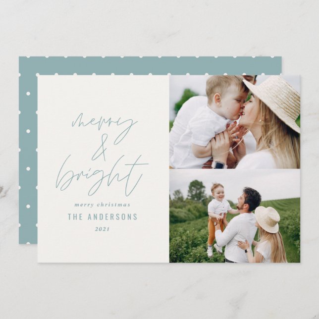 Modern script 2 photo dusty blue Christmas (Front/Back)