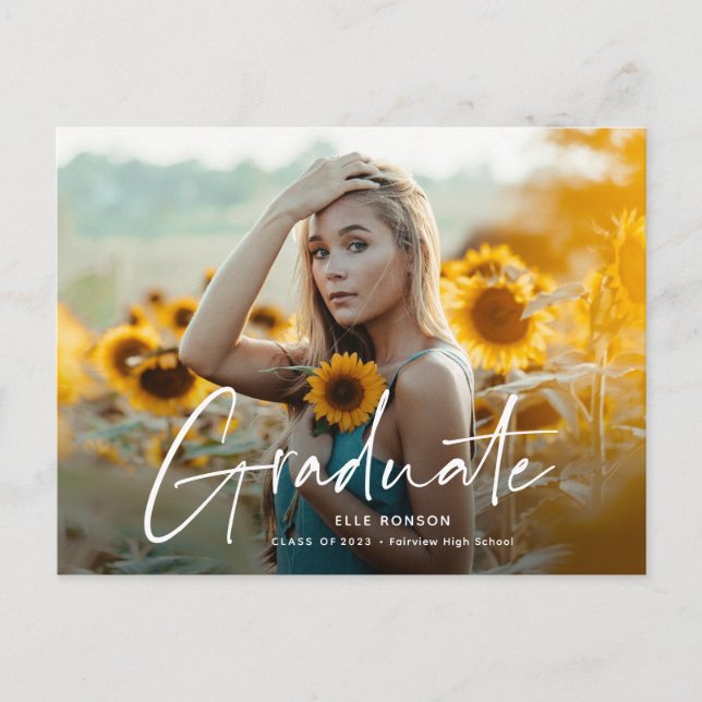 Modern Script 2 Photo Graduation Party Invitation Postcard (Front)