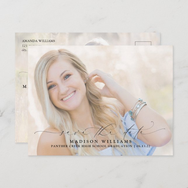 Modern Script 2 Photo Graduation Save the Date Announcement Postcard (Front/Back)