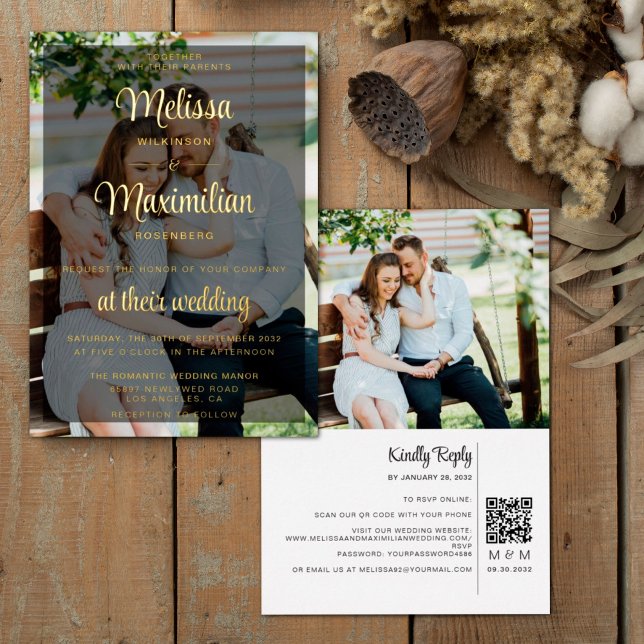 Modern script 2 photos black QR Code online RSVP (Creator Uploaded)
