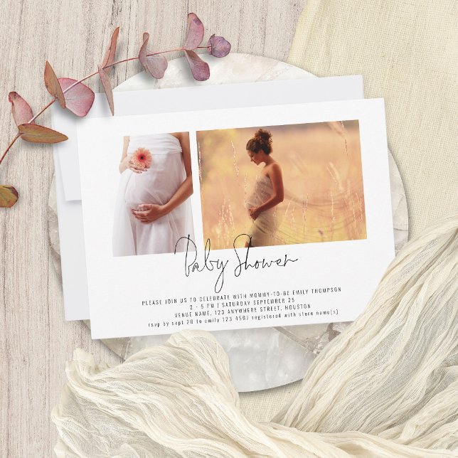 Modern Script 2 Photos Gender Neutral Baby Shower Invitation (Creator Uploaded)