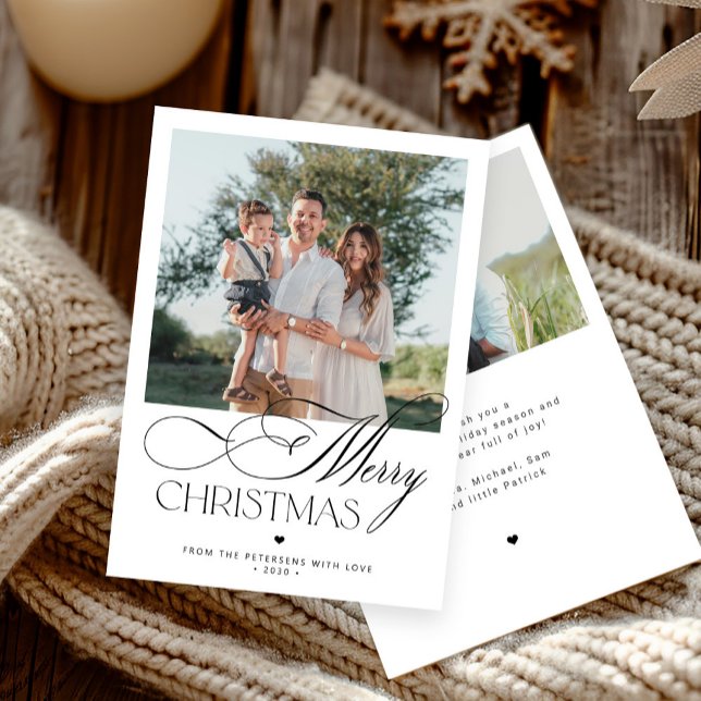 Modern script 2 photos Merry Christmas Holiday Card (Creator Uploaded)