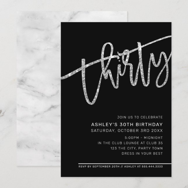 MODERN SCRIPT 30th birthday black silver glitter Invitation (Front/Back)