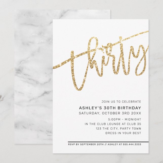 MODERN SCRIPT 30th birthday party gold glitter Invitation (Front/Back)