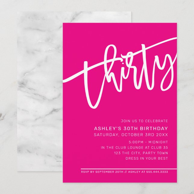 MODERN SCRIPT 30th birthday party hot pink white Invitation (Front/Back)