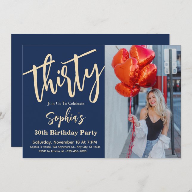 Modern Script 30th Birthday Party Photo  Invitation (Front/Back)