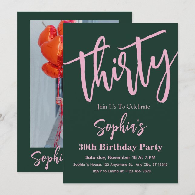 Modern Script 30th Birthday Party Photo  Invitation (Front/Back)