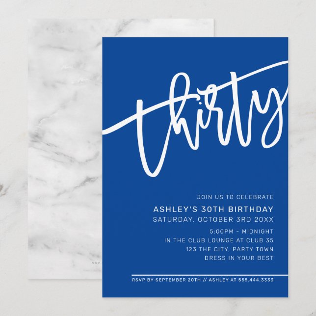 MODERN SCRIPT 30th birthday party royal blue white Invitation (Front/Back)