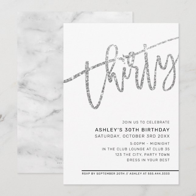 MODERN SCRIPT 30th birthday party silver glitter Invitation (Front/Back)