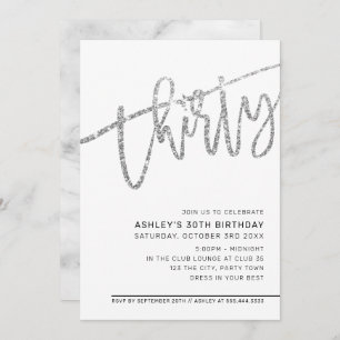 MODERN SCRIPT 30th birthday party silver glitter Invitation