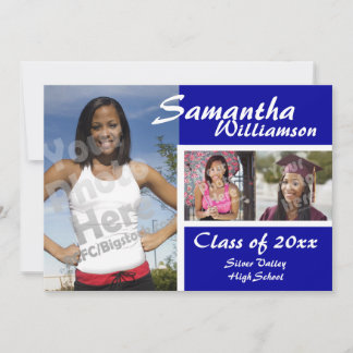 Modern Script 3-Photo Blue Graduation Announcement