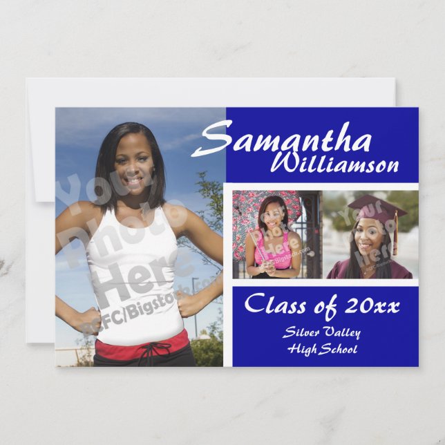 Modern Script 3-Photo Blue Graduation Announcement (Front)