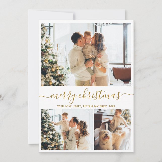 Modern Script 3 Photo Collage Gold White Christmas Holiday Card (Front)