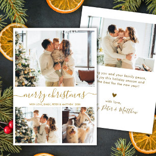 Modern Script 3 Photo Collage Gold White Christmas Holiday Card