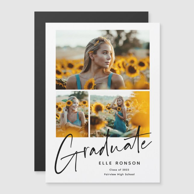 Modern Script 3 Photo Collage Graduation Magnetic Invitation (Front/Back)