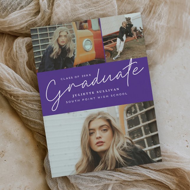 Modern Script 3 Photo Collage Graduation Party Invitation (Creator Uploaded)