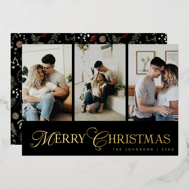 Modern Script 3 Photo Collage Merry Christmas Foil Holiday Card (Front/Back)