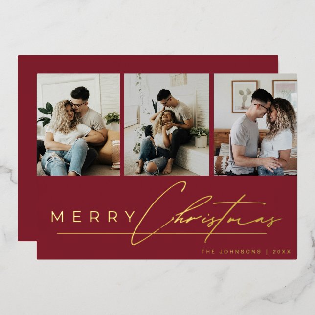 Modern Script 3 Photo Collage Red Merry Christmas Foil Holiday Card (Front/Back)