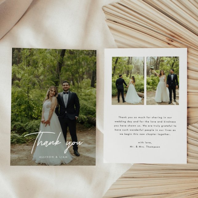 Modern Script 3-Photo Custom Wedding Thank You Card (Creator Uploaded)