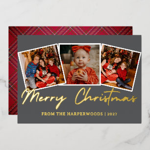 Modern Script 3 Photo Filmstrip Merry Christmas Foil Holiday Card