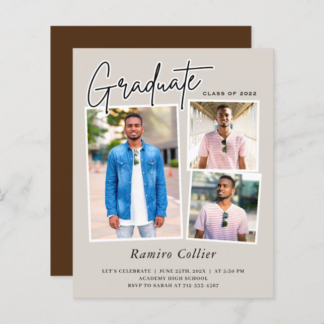 Modern Script 3 Photo Graduation Invitations (Front/Back)