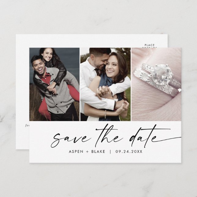 Modern Script 3 Photo Save the Date Invitation Postcard (Front/Back)
