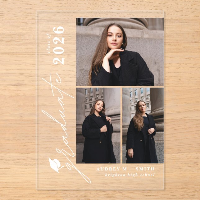 Modern Script 3 Photos Graduation Announcement (Front)