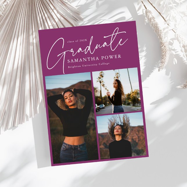 Modern Script 3 Photos Pink Graduation Announcement (Creator Uploaded)